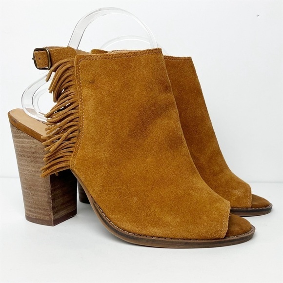 Lucky Brand Lantau Fringe Open Toe Booties 8 suede leather peep toe ankle boots - Picture 5 of 12